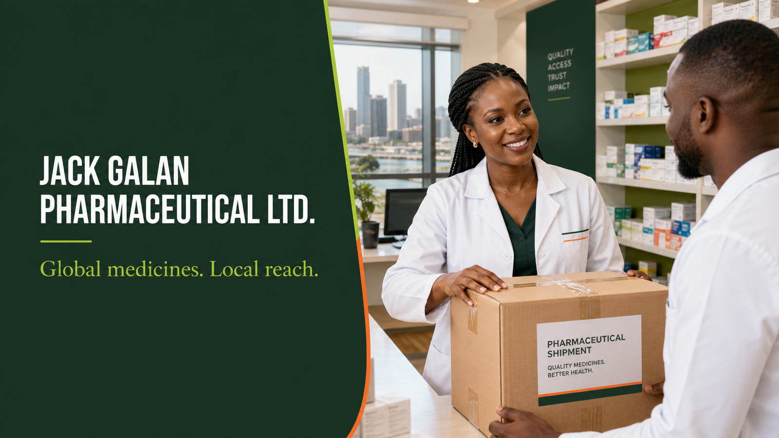Nigerian pharmacists receiving a Jack Galan pharmaceutical shipment